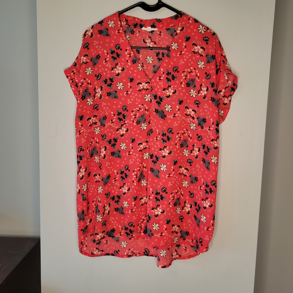 Pleione Coral Floral Blouse Women’s L V-Neck Short Sleeve Lightweight Top